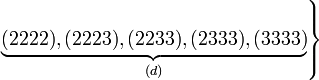 \left.\underbrace {(2222),(2223),(2233),(2333),(3333)}_{{(d)}}\right\}