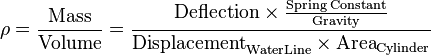 \rho ={\frac  {{\text{Mass}}}{{\text{Volume}}}}={\frac  {{\text{Deflection}}\times {\frac  {{\text{Spring Constant}}}{{\text{Gravity}}}}}{{\text{Displacement}}_{{\mathrm  {WaterLine}}}\times {\text{Area}}_{{\mathrm  {Cylinder}}}}}\,