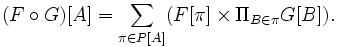 (F\circ G)[A]=\sum _{{\pi \in P[A]}}(F[\pi ]\times \Pi _{{B\in \pi }}G[B]).