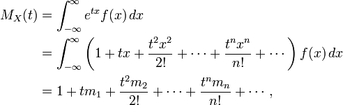 {\begin{aligned}M_{X}(t)&=\int _{{-\infty }}^{\infty }e^{{tx}}f(x)\,dx\\&=\int _{{-\infty }}^{\infty }\left(1+tx+{\frac  {t^{2}x^{2}}{2!}}+\cdots +{\frac  {t^{n}x^{n}}{n!}}+\cdots \right)f(x)\,dx\\&=1+tm_{1}+{\frac  {t^{2}m_{2}}{2!}}+\cdots +{\frac  {t^{n}m_{n}}{n!}}+\cdots ,\end{aligned}}