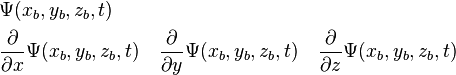 {\begin{aligned}&\Psi (x_{b},y_{b},z_{b},t)\\&{\frac  {\partial }{\partial x}}\Psi (x_{b},y_{b},z_{b},t)\quad {\frac  {\partial }{\partial y}}\Psi (x_{b},y_{b},z_{b},t)\quad {\frac  {\partial }{\partial z}}\Psi (x_{b},y_{b},z_{b},t)\end{aligned}}\,\!