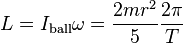 L=I_{{\text{ball}}}\omega ={\frac  {2mr^{2}}{5}}{\frac  {2\pi }{T}}