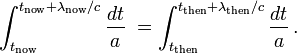 \int _{{t_{{\mathrm  {now}}}}}^{{t_{{\mathrm  {now}}}+\lambda _{{\mathrm  {now}}}/c}}{\frac  {dt}{a}}\;=\int _{{t_{{\mathrm  {then}}}}}^{{t_{{\mathrm  {then}}}+\lambda _{{\mathrm  {then}}}/c}}{\frac  {dt}{a}}\,.