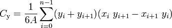 C_{{{\mathrm  y}}}={\frac  {1}{6A}}\sum _{{i=0}}^{{n-1}}(y_{i}+y_{{i+1}})(x_{i}\ y_{{i+1}}-x_{{i+1}}\ y_{i})