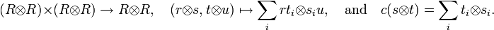 (R\otimes R)\times (R\otimes R)\to R\otimes R,\quad (r\otimes s,t\otimes u)\mapsto \sum _{i}rt_{i}\otimes s_{i}u,\quad {\text{and}}\quad c(s\otimes t)=\sum _{i}t_{i}\otimes s_{i}.