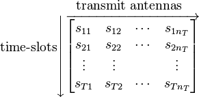 {\text{time-slots}}{\begin{matrix}{\text{transmit antennas}}\\\left\downarrow \overrightarrow {{\begin{bmatrix}s_{{11}}&s_{{12}}&\cdots &s_{{1n_{T}}}\\s_{{21}}&s_{{22}}&\cdots &s_{{2n_{T}}}\\\vdots &\vdots &&\vdots \\s_{{T1}}&s_{{T2}}&\cdots &s_{{Tn_{T}}}\end{bmatrix}}}\right.\end{matrix}}