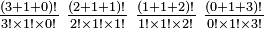 \textstyle {(3+1+0)! \over 3!\times 1!\times 0!}\ {(2+1+1)! \over 2!\times 1!\times 1!}\ {(1+1+2)! \over 1!\times 1!\times 2!}\ {(0+1+3)! \over 0!\times 1!\times 3!}