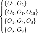 {\begin{cases}\{O_{{1}},O_{{2}}\}\\\{O_{{3}},O_{{7}},O_{{10}}\}\\\{O_{{4}},O_{{5}},O_{{8}}\}\\\{O_{{6}},O_{{9}}\}\end{cases}}