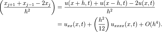 {\begin{aligned}\left({\frac  {x_{{j+1}}+x_{{j-1}}-2x_{j}}{h^{2}}}\right)&={\frac  {u(x+h,t)+u(x-h,t)-2u(x,t)}{h^{2}}}\\&=u_{{xx}}(x,t)+\left({\frac  {h^{2}}{12}}\right)u_{{xxxx}}(x,t)+O(h^{4}).\end{aligned}}