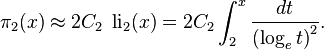 \pi _{2}(x)\approx 2C_{2}\;\operatorname {li}_{2}(x)=2C_{2}\int _{2}^{x}{\frac  {dt}{\left(\log _{e}t\right)^{2}}}.