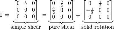 \Gamma ={\begin{matrix}\underbrace {\begin{bmatrix}0&{{\dot  \gamma }}&0\\0&0&0\\0&0&0\end{bmatrix}}\\{\mbox{simple shear}}\end{matrix}}={\begin{matrix}\underbrace {\begin{bmatrix}0&{{\dot  \gamma } \over 2}&0\\{{\dot  \gamma } \over 2}&0&0\\0&0&0\end{bmatrix}}\\{\mbox{pure shear}}\end{matrix}}+{\begin{matrix}\underbrace {\begin{bmatrix}0&{{\dot  \gamma } \over 2}&0\\{-{{\dot  \gamma } \over 2}}&0&0\\0&0&0\end{bmatrix}}\\{\mbox{solid rotation}}\end{matrix}}