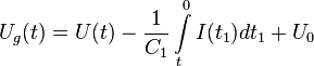 U_{g}(t)=U(t)-{\frac  {1}{C_{1}}}\int \limits _{{t}}^{{0}}I(t_{1})dt_{1}+U_{0}