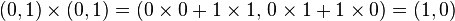 (0,1)\times (0,1)=(0\times 0+1\times 1,\,0\times 1+1\times 0)=(1,0)