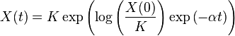 X(t)=K\exp \left(\log \left({\frac  {X(0)}{K}}\right)\exp \left(-\alpha t\right)\right)