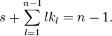 s+\sum _{{l=1}}^{{n-1}}lk_{{l}}=n-1.