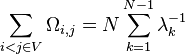 \sum _{{i<j\in V}}\Omega _{{i,j}}=N\sum _{{k=1}}^{{N-1}}\lambda _{{k}}^{{-1}}