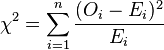 \chi ^{2}=\sum _{{i=1}}^{{n}}{\frac  {(O_{i}-E_{i})^{2}}{E_{i}}}