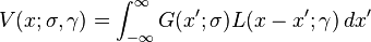 V(x;\sigma ,\gamma )=\int _{{-\infty }}^{\infty }G(x';\sigma )L(x-x';\gamma )\,dx'