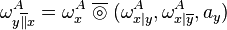 \omega _{{y\overline {\|}x}}^{{A}}=\omega _{{x}}^{{A}}\;\overline {\circledcirc }\;(\omega _{{x|y}}^{{A}},\omega _{{x|\overline {y}}}^{{A}},a_{{y}})\,\!