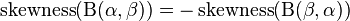 \operatorname {skewness}(\mathrm{B} (\alpha ,\beta ))=-\operatorname {skewness}(\mathrm{B} (\beta ,\alpha ))