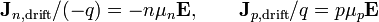 {\mathbf  {J}}_{{n,{\text{drift}}}}/(-q)=-n\mu _{n}{\mathbf  {E}},\qquad {\mathbf  {J}}_{{p,{\text{drift}}}}/q=p\mu _{p}{\mathbf  {E}}