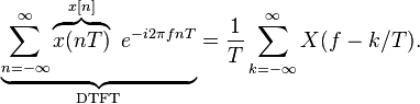 \underbrace {\sum _{{n=-\infty }}^{{\infty }}\overbrace {x(nT)}^{{x[n]}}\ e^{{-i2\pi fnT}}}_{{{\text{DTFT}}}}={\frac  {1}{T}}\sum _{{k=-\infty }}^{{\infty }}X(f-k/T).