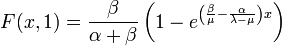 F(x,1)={\frac  {\beta }{\alpha +\beta }}\left(1-e^{{\left({\frac  {\beta }{\mu }}-{\frac  {\alpha }{\lambda -\mu }}\right)x}}\right)