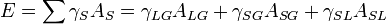 E=\sum \gamma _{S}A_{S}=\gamma _{{LG}}A_{{LG}}+\gamma _{{SG}}A_{{SG}}+\gamma _{{SL}}A_{{SL}}\,