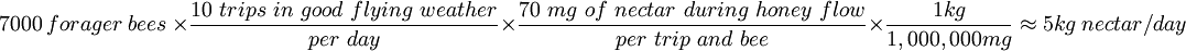 \ 7000\ forager\ bees\ \times {\frac  {10\ trips\ in\ good\ flying\ weather}{per\ day}}\times {\frac  {70\ mg\ of\ nectar\ during\ honey\ flow}{per\ trip\ and\ bee}}\times {\frac  {1kg}{1,000,000mg}}\approx 5kg\ nectar{\big /}day