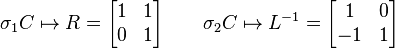 \sigma _{1}C\mapsto R={\begin{bmatrix}1&1\\0&1\end{bmatrix}}\qquad \sigma _{2}C\mapsto L^{{-1}}={\begin{bmatrix}1&0\\-1&1\end{bmatrix}}