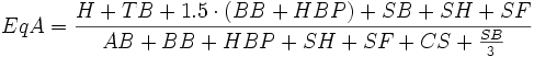 EqA={\frac  {H+TB+{1.5\cdot (BB+HBP)}+SB+SH+SF}{AB+BB+HBP+SH+SF+CS+{\frac  {SB}{3}}}}