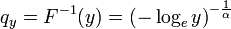 q_{y}=F^{{-1}}(y)=\left(-\log _{e}y\right)^{{-{\frac  {1}{\alpha }}}}