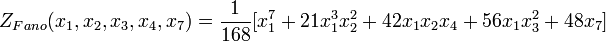 Z_{{Fano}}(x_{1},x_{2},x_{3},x_{4},x_{7})={1 \over 168}[x_{1}^{7}+21x_{1}^{3}x_{2}^{2}+42x_{1}x_{2}x_{4}+56x_{1}x_{3}^{2}+48x_{7}]