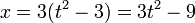 x=3(t^{2}-3)=3t^{2}-9\,