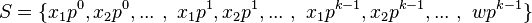 S=\{x_{{1}}p^{{0}},x_{{2}}p^{{0}},...\ ,\ x_{{1}}p^{{1}},x_{{2}}p^{{1}},...\ ,\ x_{{1}}p^{{k-1}},x_{{2}}p^{{k-1}},...\ ,\ wp^{{k-1}}\}