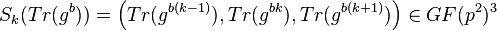 S_{k}(Tr(g^{b}))=\left(Tr(g^{{b(k-1)}}),Tr(g^{{bk}}),Tr(g^{{b(k+1)}})\right)\in GF(p^{2})^{3}