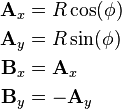 {\begin{aligned}{\mathbf  {A}}_{x}&=R\cos(\phi )\\{\mathbf  {A}}_{y}&=R\sin(\phi )\\{\mathbf  {B}}_{x}&={\mathbf  {A}}_{x}\\{\mathbf  {B}}_{y}&=-{\mathbf  {A}}_{y}\end{aligned}}