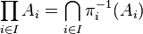 \prod _{{i\in I}}A_{i}=\bigcap _{{i\in I}}\pi _{i}^{{-1}}(A_{i})