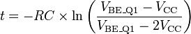 t=-RC\times \ln \left({\frac  {V_{{{\text{BE}}\_{\text{Q1}}}}-V_{{\text{CC}}}}{V_{{{\text{BE}}\_{\text{Q1}}}}-2V_{{\text{CC}}}}}\right)