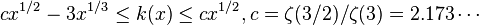 cx^{{1/2}}-3x^{{1/3}}\leq k(x)\leq cx^{{1/2}},c=\zeta (3/2)/\zeta (3)=2.173\cdots 