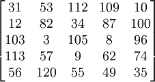 {\begin{bmatrix}31&53&112&109&10\\12&82&34&87&100\\103&3&105&8&96\\113&57&9&62&74\\56&120&55&49&35\\\end{bmatrix}}