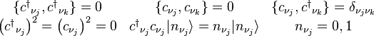 {\begin{matrix}\{{c^{{\dagger }}}_{{\nu _{j}}},{c^{{\dagger }}}_{{\nu _{k}}}\}=0&\{c_{{\nu _{j}}},c_{{\nu _{k}}}\}=0&\{c_{{\nu _{j}}},{c^{{\dagger }}}_{{\nu _{k}}}\}=\delta _{{\nu _{j}\nu _{k}}}\\\left({c^{{\dagger }}}_{{\nu _{j}}}\right)^{2}=\left(c_{{\nu _{j}}}\right)^{2}=0&{c^{{\dagger }}}_{{\nu _{j}}}c_{{\nu _{j}}}|n_{{\nu _{j}}}\rangle =n_{{\nu _{j}}}|n_{{\nu _{j}}}\rangle &n_{{\nu _{j}}}=0,1\\\end{matrix}}