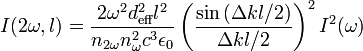 I(2\omega ,l)={\frac  {2\omega ^{2}d_{{{\text{eff}}}}^{2}l^{2}}{n_{{2\omega }}n_{{\omega }}^{2}c^{3}\epsilon _{0}}}\left({\frac  {\sin {(\Delta kl/2)}}{\Delta kl/2}}\right)^{2}I^{2}(\omega )