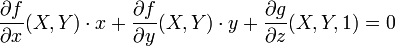 {\frac  {\partial f}{\partial x}}(X,Y)\cdot x+{\frac  {\partial f}{\partial y}}(X,Y)\cdot y+{\frac  {\partial g}{\partial z}}(X,Y,1)=0