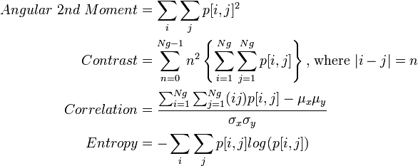 {\begin{aligned}Angular{\text{ }}2nd{\text{ }}Moment&=\sum _{{i}}\sum _{{j}}p[i,j]^{{2}}\\Contrast&=\sum _{{n=0}}^{{Ng-1}}n^{{2}}\left\{\sum _{{i=1}}^{{Ng}}\sum _{{j=1}}^{{Ng}}p[i,j]\right\}{\text{, where }}|i-j|=n\\Correlation&={\frac  {\sum _{{i=1}}^{{Ng}}\sum _{{j=1}}^{{Ng}}(ij)p[i,j]-\mu _{x}\mu _{y}}{\sigma _{x}\sigma _{y}}}\\Entropy&=-\sum _{{i}}\sum _{{j}}p[i,j]log(p[i,j])\\\end{aligned}}