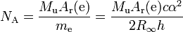 N_{{{\rm {A}}}}={\frac  {M_{{{\rm {u}}}}A_{{{\rm {r}}}}({{\rm {e}}})}{m_{{{\rm {e}}}}}}={\frac  {M_{{{\rm {u}}}}A_{{{\rm {r}}}}({{\rm {e}}})c\alpha ^{2}}{2R_{\infty }h}}