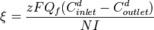 \xi ={\frac  {zFQ_{f}(C_{{inlet}}^{d}-C_{{outlet}}^{d})}{NI}}