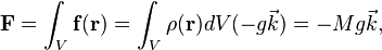 {\mathbf  {F}}=\int _{V}{\mathbf  {f}}({\mathbf  {r}})=\int _{V}\rho ({\mathbf  {r}})dV(-g{\vec  {k}})=-Mg{\vec  {k}},