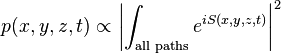 p(x,y,z,t)\propto \left\vert \int _{{{\text{all paths}}}}e^{{iS(x,y,z,t)}}\right\vert ^{2}