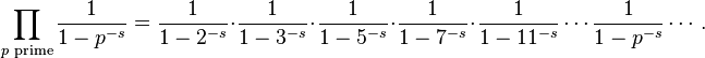 \prod _{{p{\text{ prime}}}}{\frac  {1}{1-p^{{-s}}}}={\frac  {1}{1-2^{{-s}}}}\cdot {\frac  {1}{1-3^{{-s}}}}\cdot {\frac  {1}{1-5^{{-s}}}}\cdot {\frac  {1}{1-7^{{-s}}}}\cdot {\frac  {1}{1-11^{{-s}}}}\cdots {\frac  {1}{1-p^{{-s}}}}\cdots .